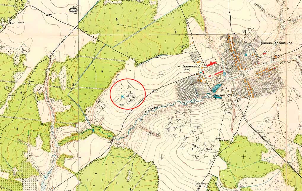 Окрестности села Николо-Хованское в 1952 году. Красным эллипсом выделена территория, где сейчас располагается ЖК «Прокшино»