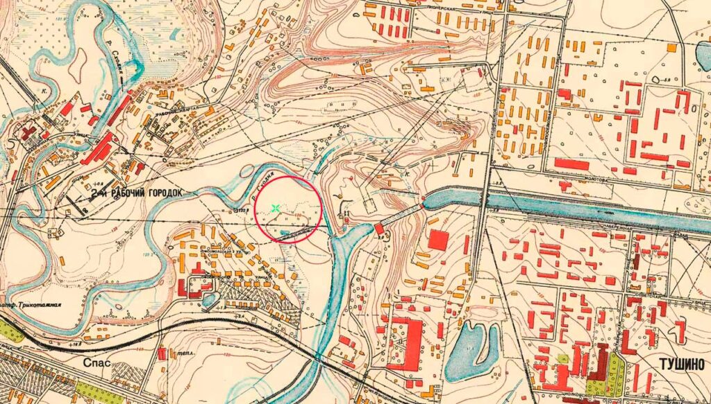 Посёлок Комсомолка на карте 1952 года. Красным эллипсом выделена территория нынешнего ЖК «Скай гарден»